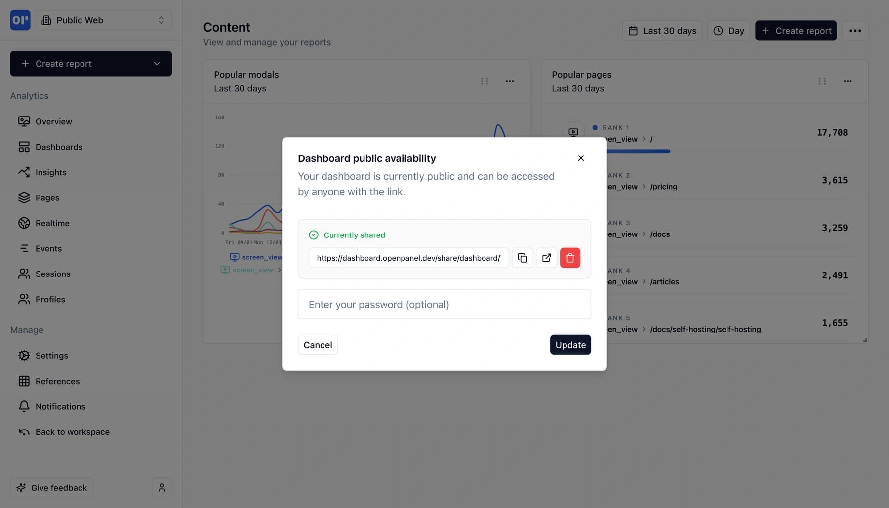 Sharing a dashboard with public or password-protected options