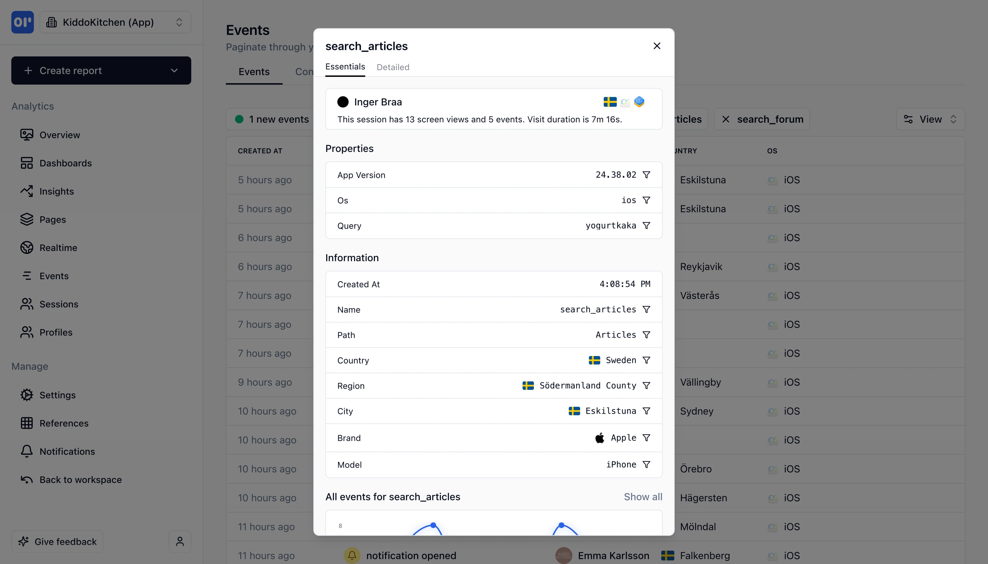Detailed view of a single event with properties
