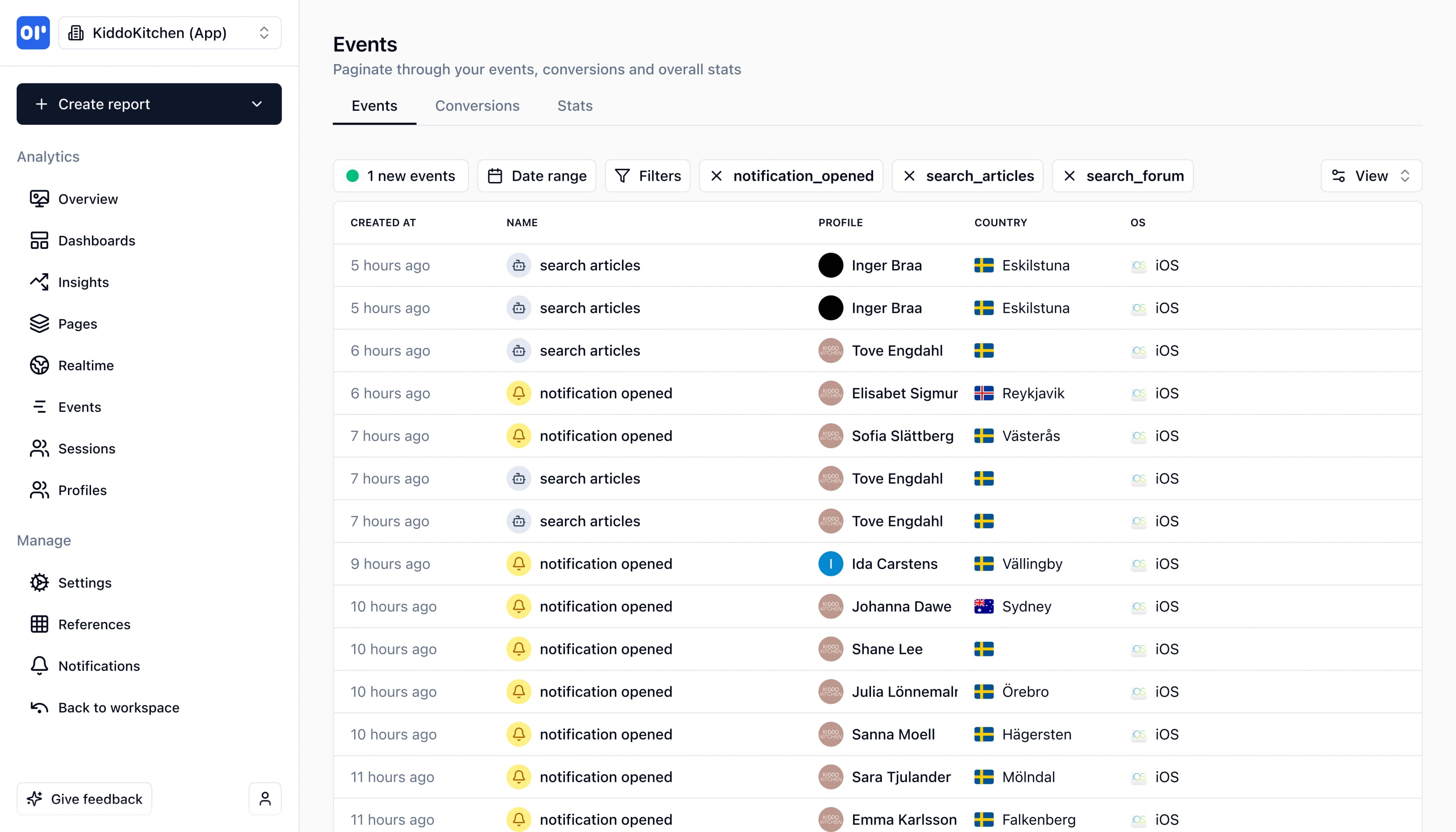 Event list showing tracked user actions in OpenPanel