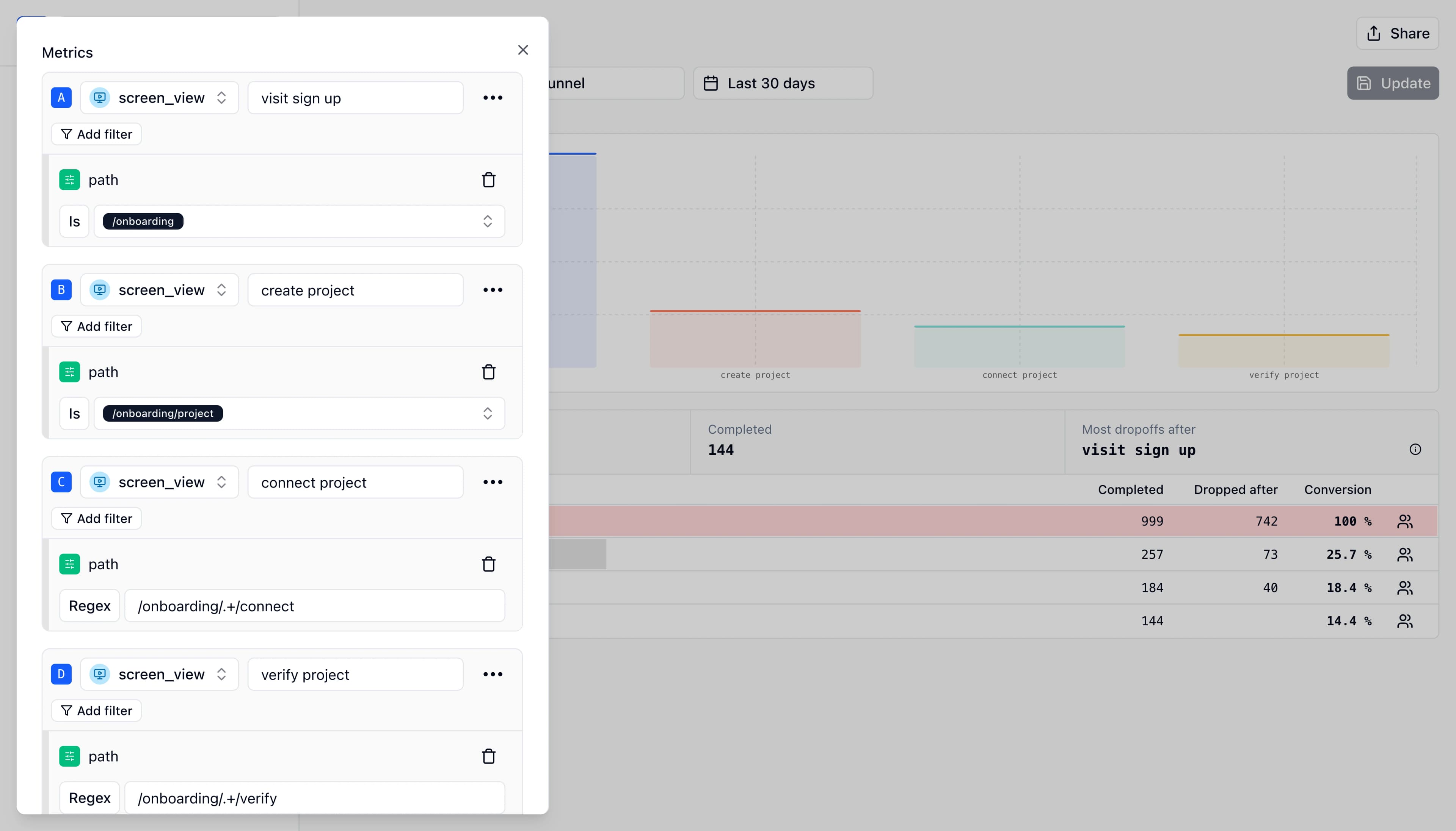 Selecting events to define funnel steps