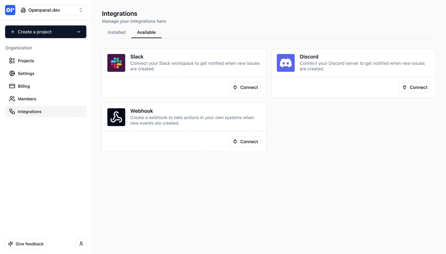 Available integrations showing Slack, Discord, and Webhook options