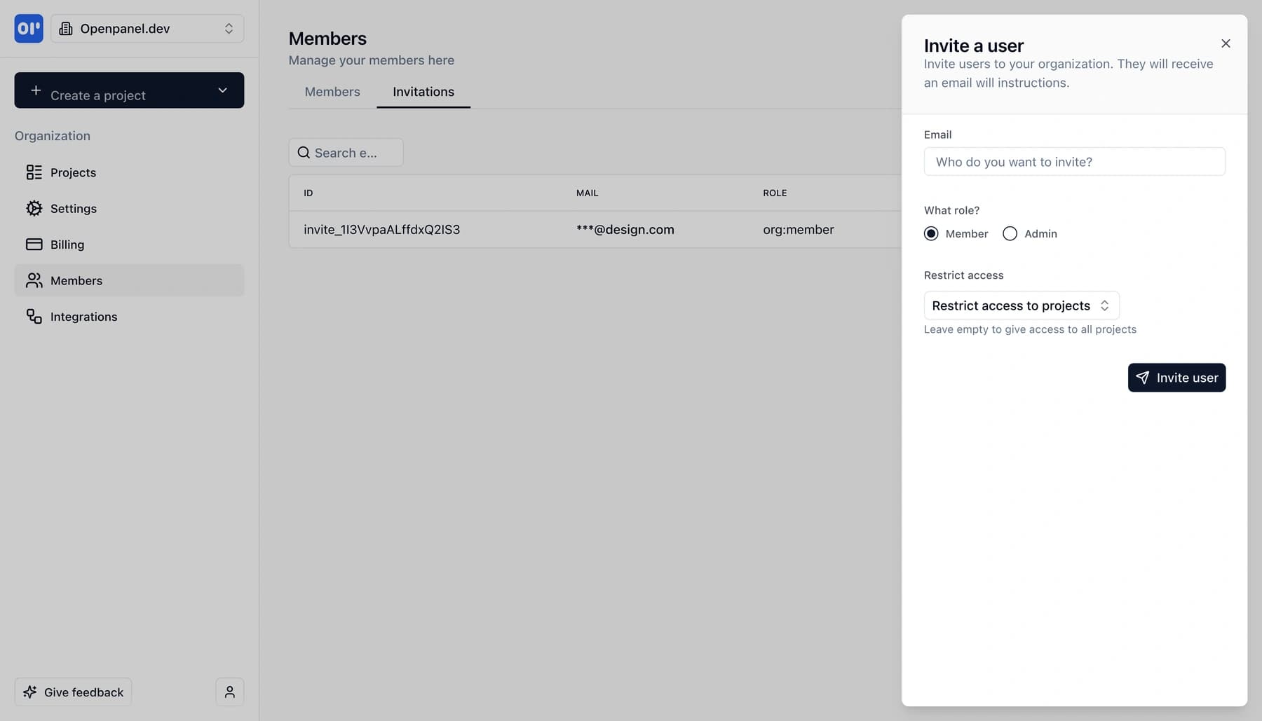 Invite a new member by email and set project access