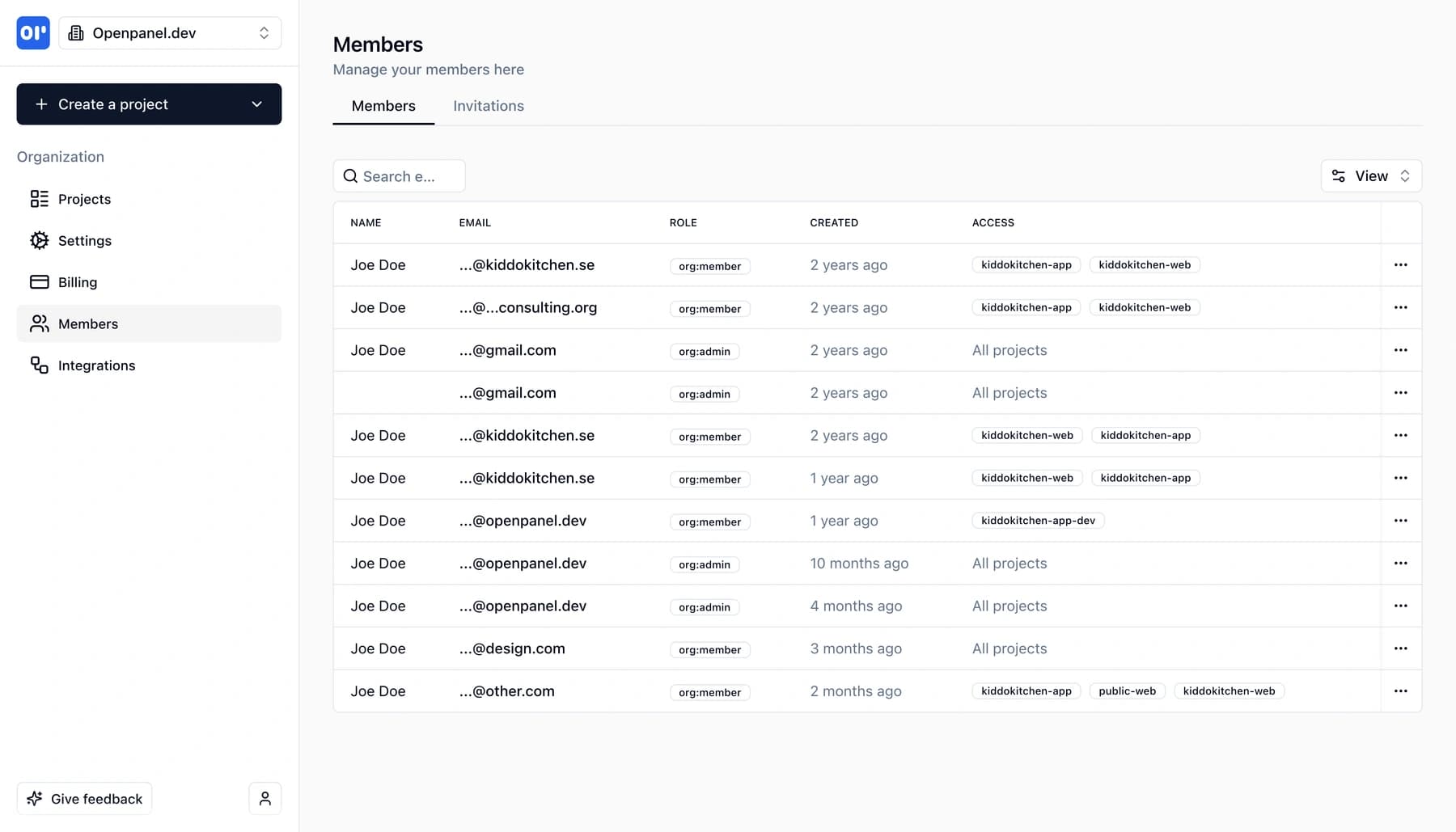 Members list showing team members and their access levels