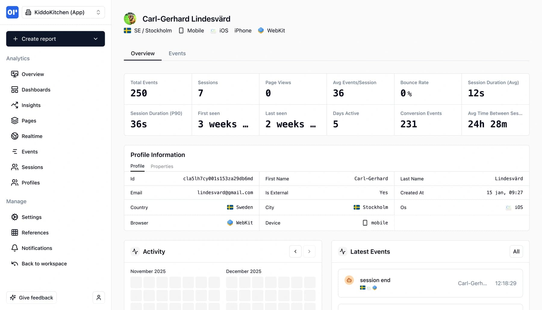 User profile showing activity timeline and properties in OpenPanel