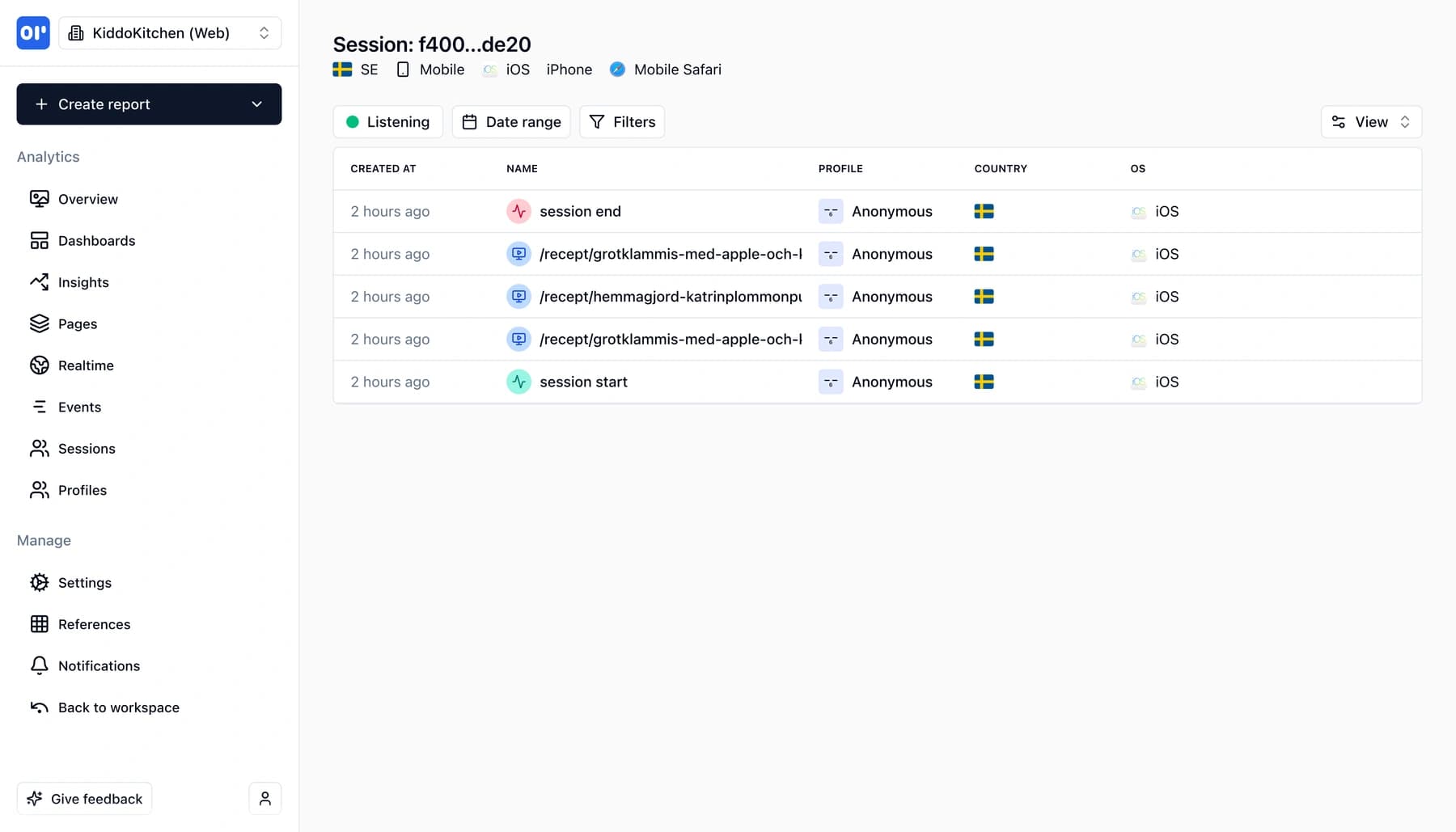 Session events timeline showing user actions in order