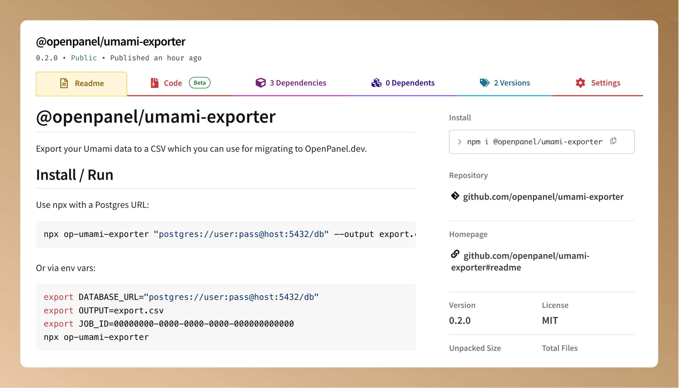 The OpenPanel Umami exporter package on npm
