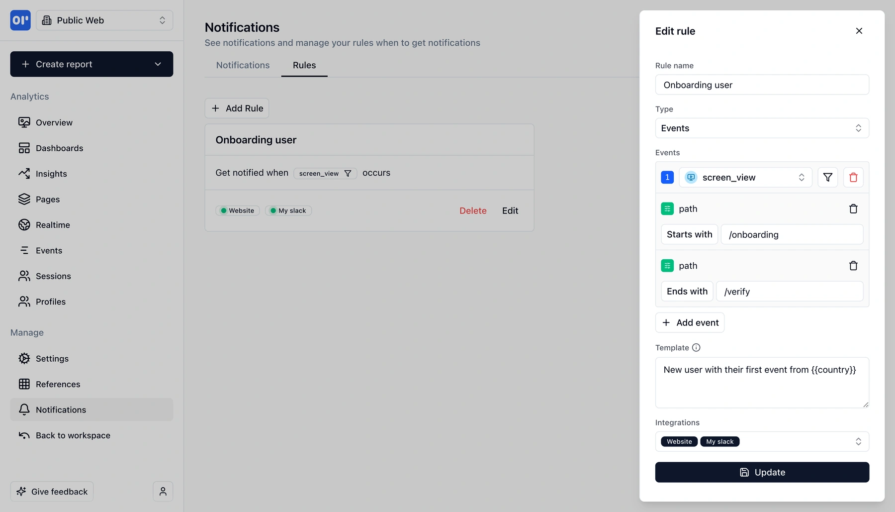 Editing a notification rule with event type, property filters, template, and integrations