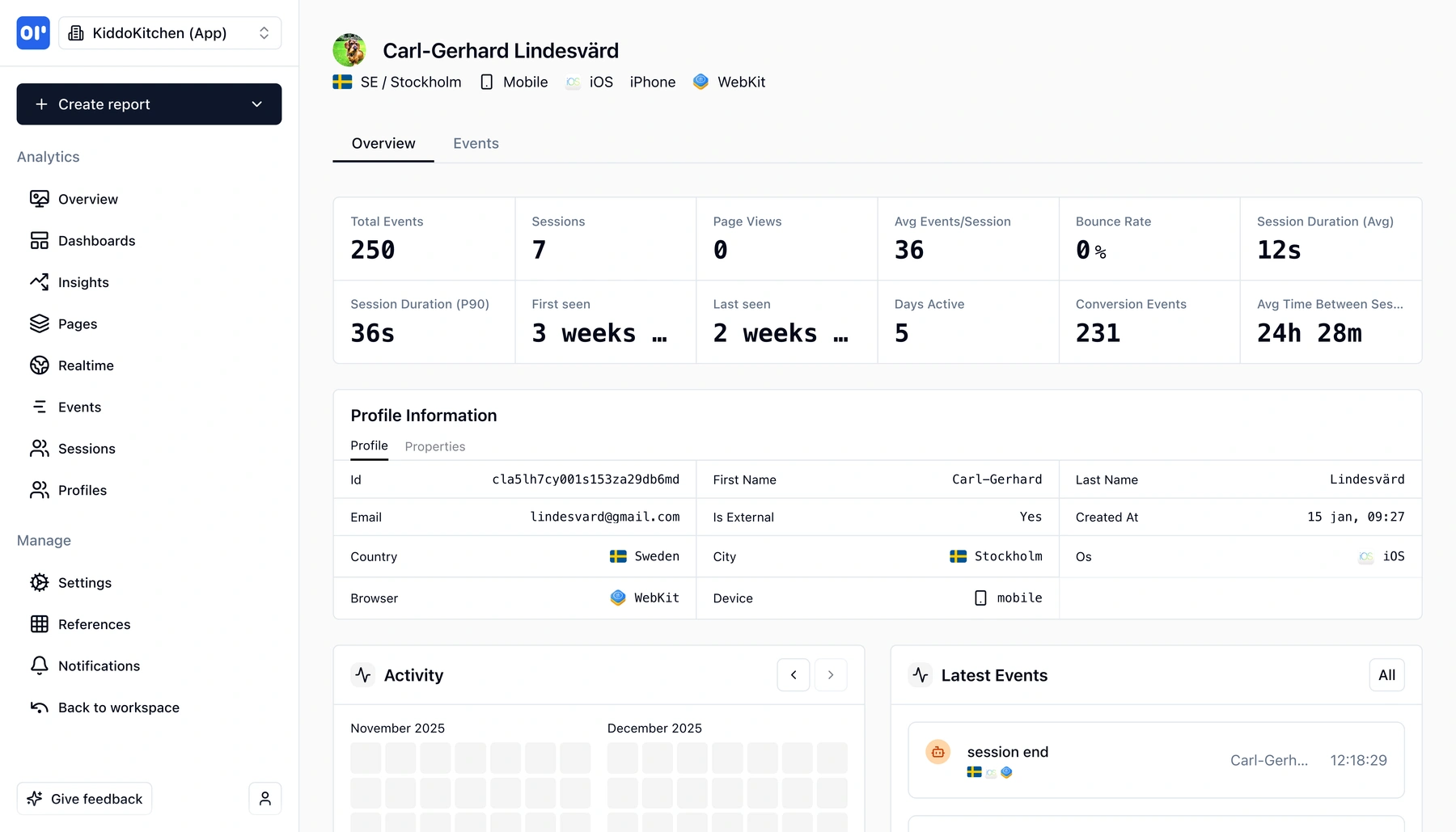 User profile showing activity timeline and properties in OpenPanel