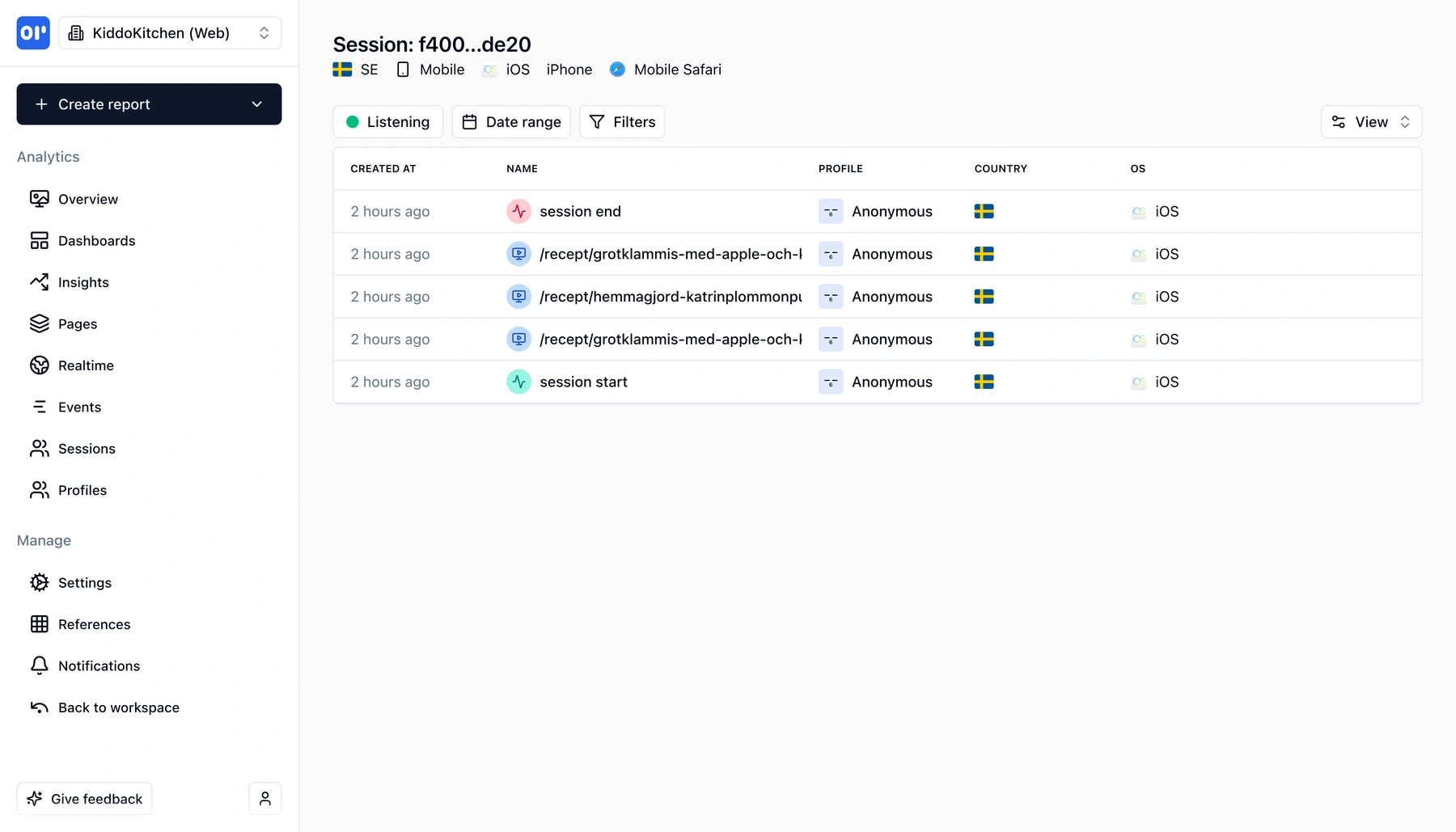 Session detail view showing events in order