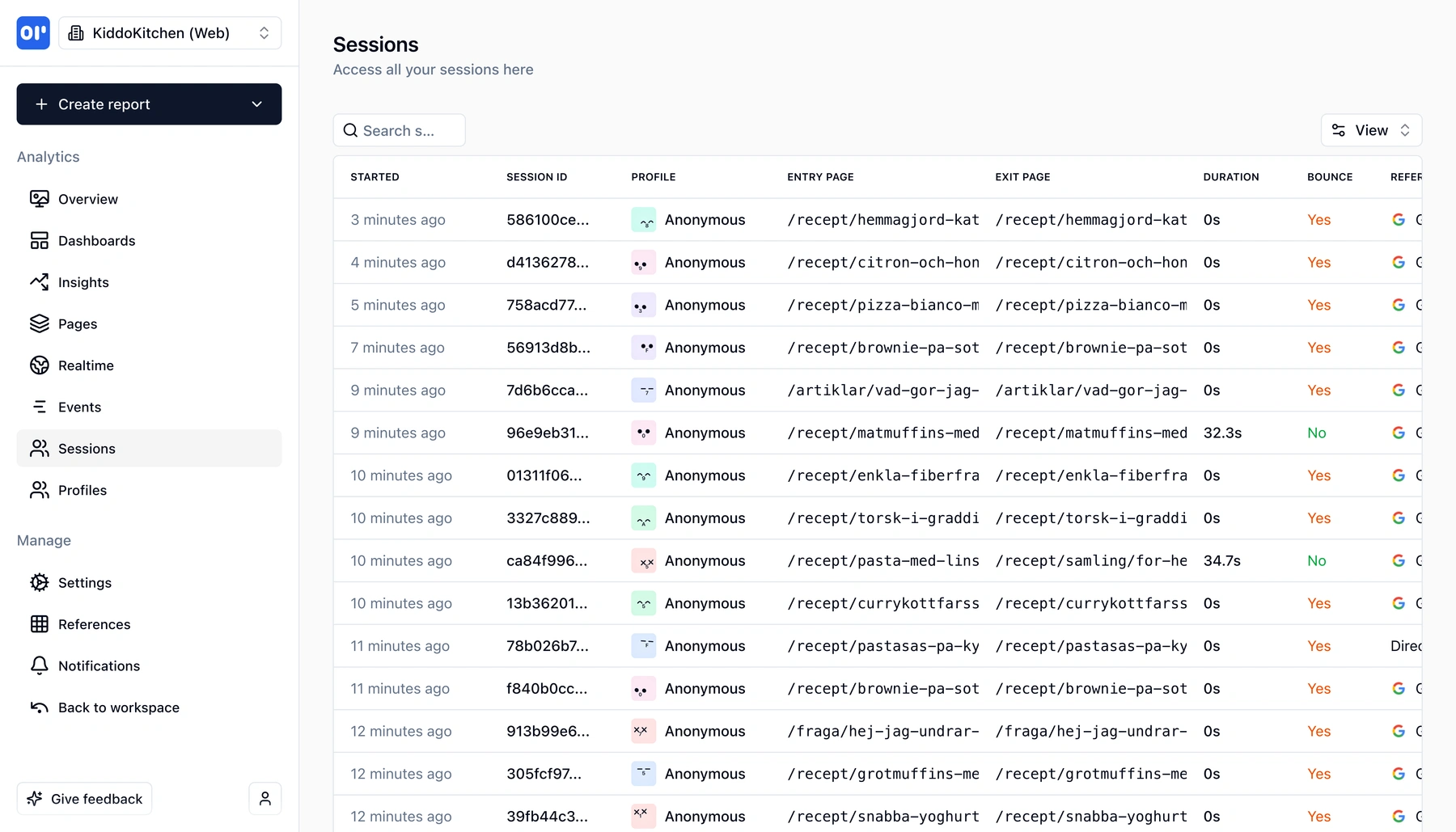 Session overview showing user sessions with entry pages and duration
