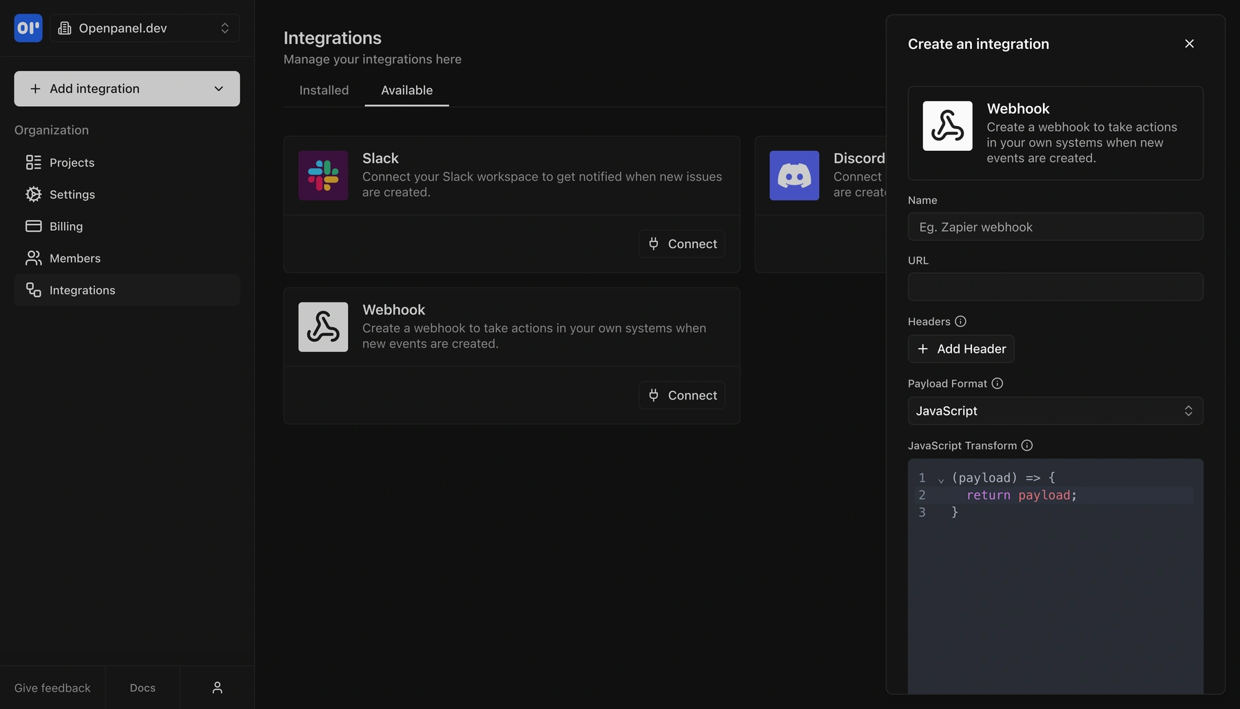 Create a new integration for Slack, Discord, or a custom webhook.