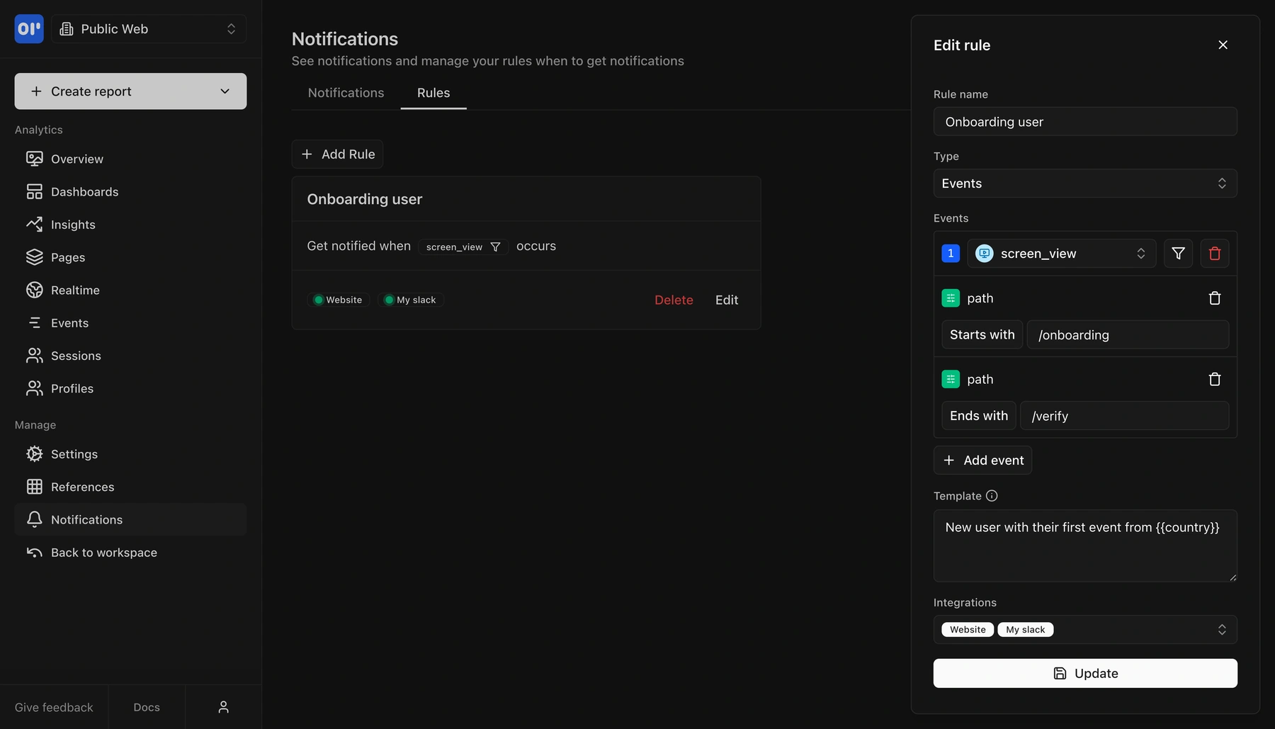 An event rule called 'Onboarding user' that fires when a screen_view event occurs with path filters matching the onboarding flow.
